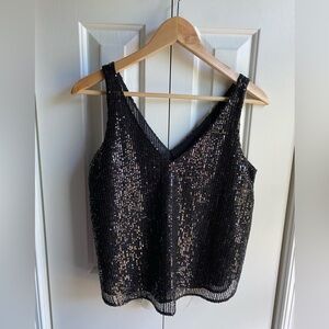 Loft Petite Black Sequin Double V Shell Sleeveless Tank Top Size XS Petite NWT